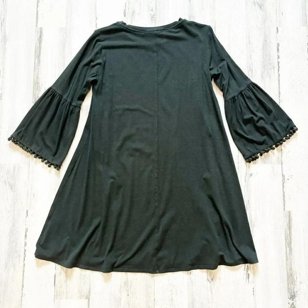 Johnny Was Calme Flute Sleeve with Pom Pom Trim Swing Dress Olive Green XS